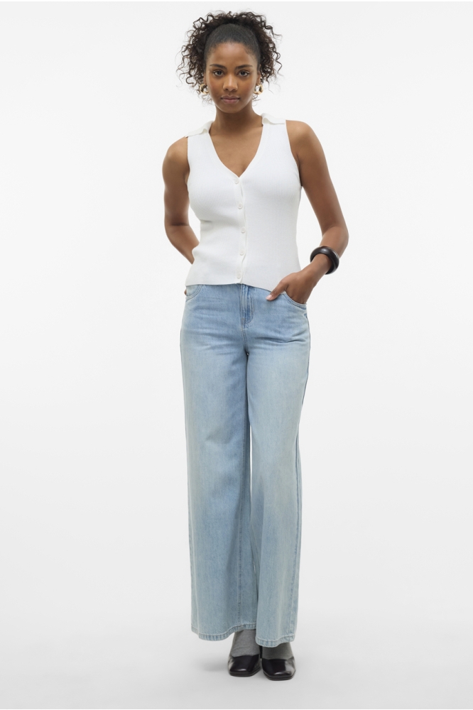 VMWILLOW SL V-NECK POLO TOP 10330770 SNOW WHITE